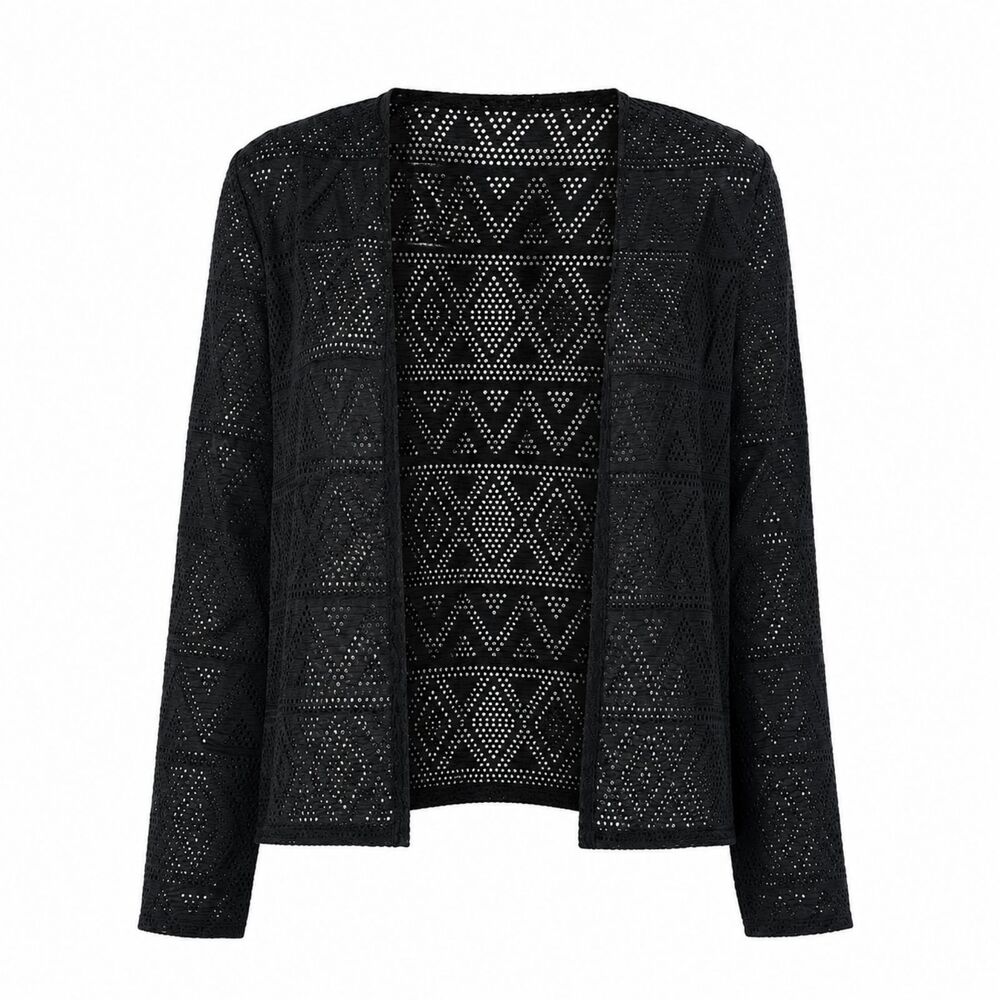 Tahari Black Lace-Look Geometric Shrug Open Front Bolero Evening Jacket S-M